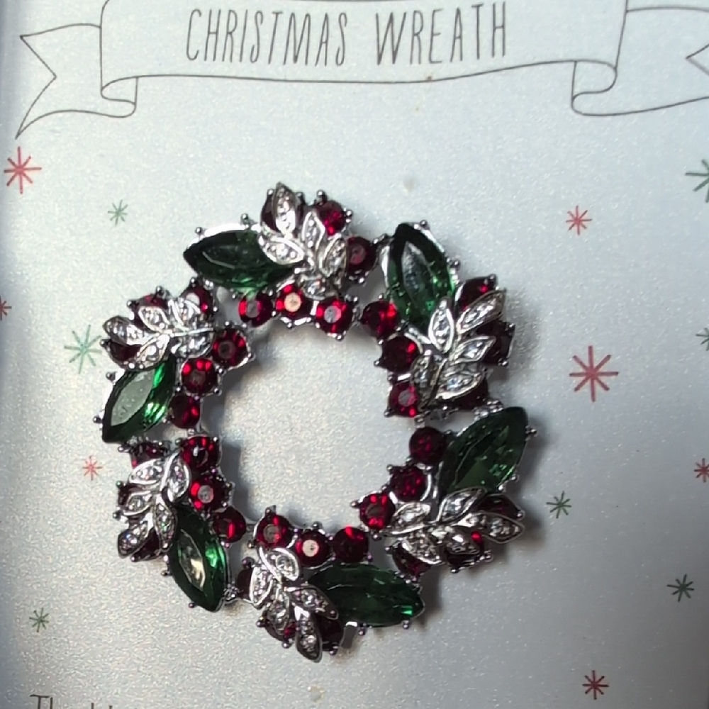 Roman Wreath Brooch with Red, Clear and Green Rhinestones